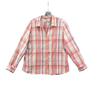 Old‎ Ranch Plaid Shirt Womens Large Coral Orange Blue Cotton Roll Sleeve Western
